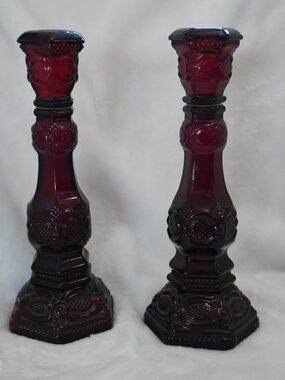 Vintage Avon 1876 Cape Cod Collection Ruby Red Glass Decanter Bottle Pair